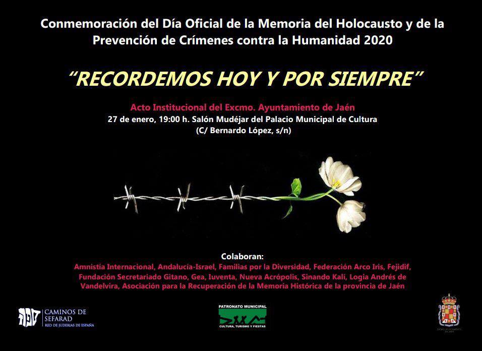 El día 27 de enero a las 19h se celebrará en el Salón Mudéjar del Palacio Municipal de Cultura (calle Bernardo López, s/n), el Acto Institucional de Conmemoración del Día Oficial de la Memoria del Holocausto y de la Prevención de Crímenes contra la Humanidad. 